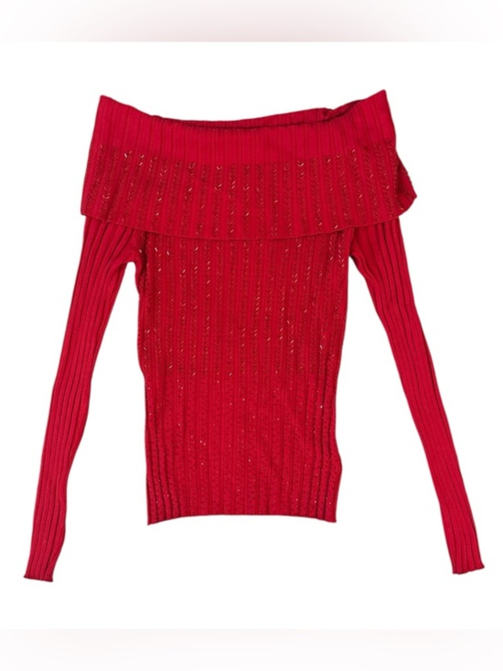 Caché Y2K Vintage Off Shoulder Sequin Embellished Ribbed Sweater in Red Medium